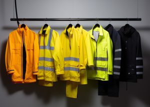 5 sets of high visibility work clothes of varying types, hanging from a rod.
