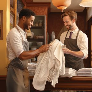 Two male restaurant staff, handling table linen, with stacks of table linen on a nearby table.