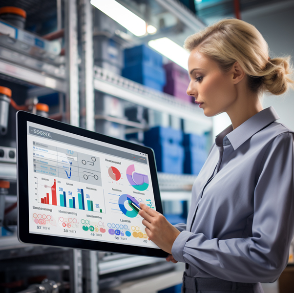 A woman viewing a tablet with charts and colourful pie graphs, to understand the performance of the business